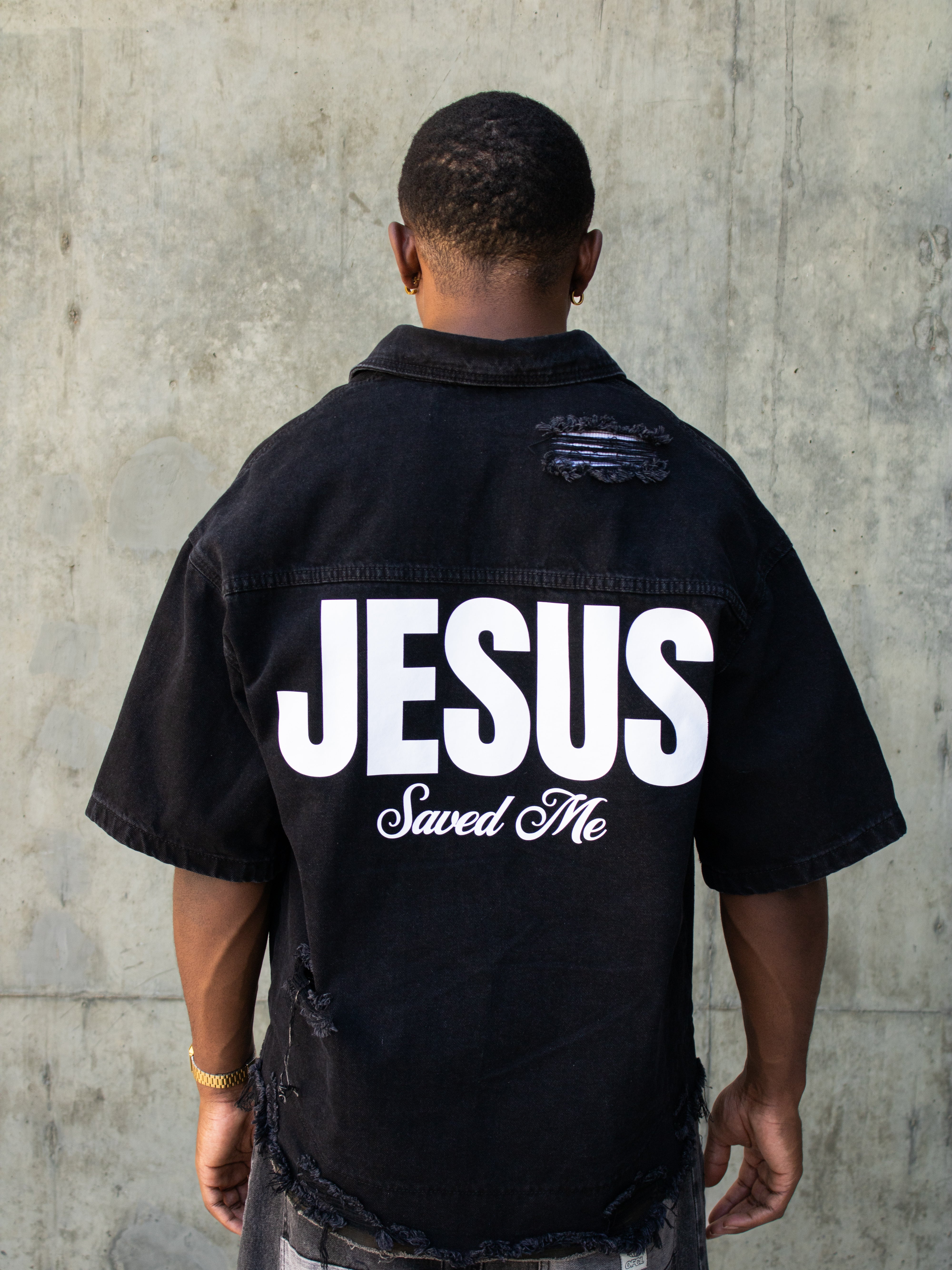 "JESUS SAVED ME" DENIM SHIRT