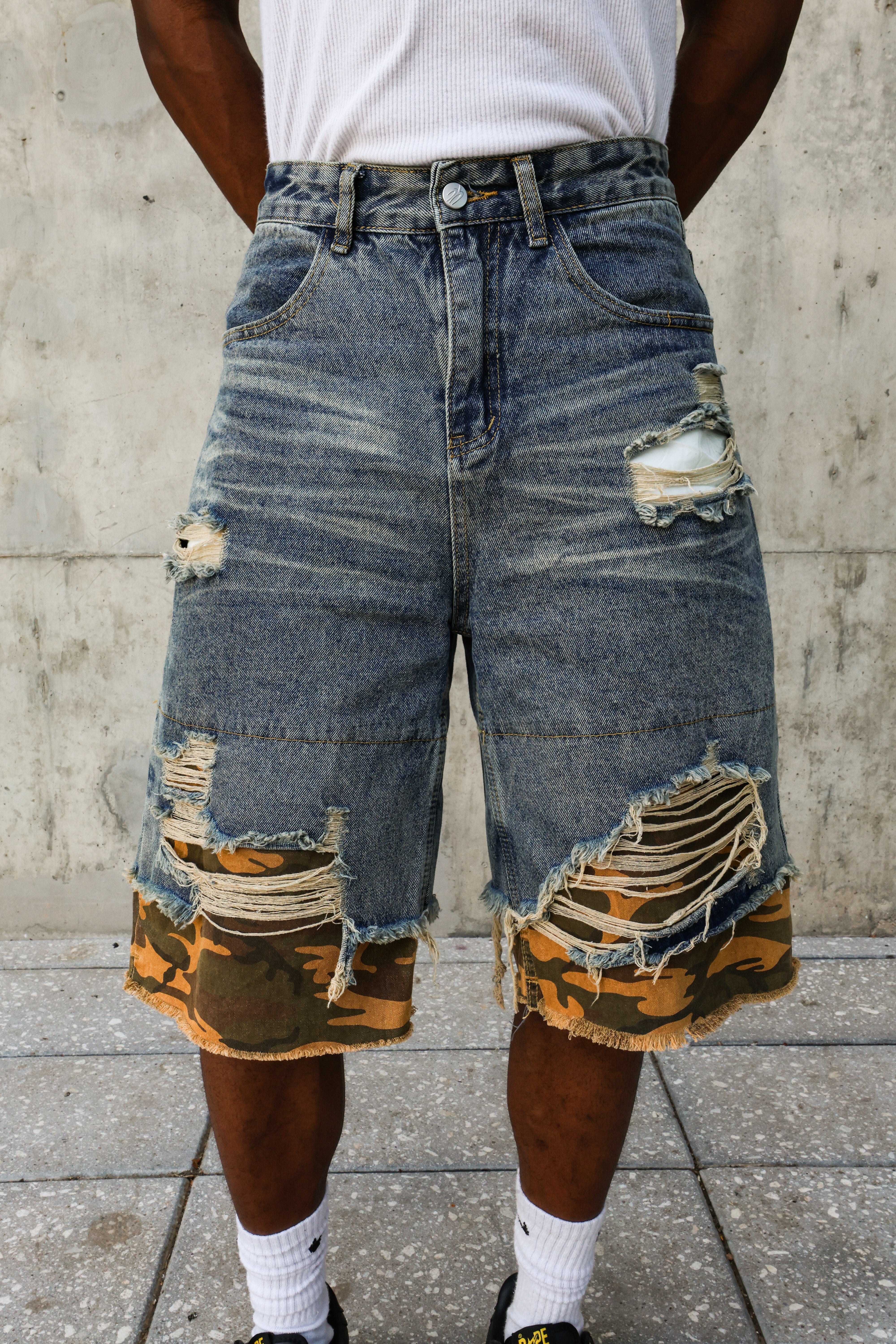 Distressed Camo Denim Jorts