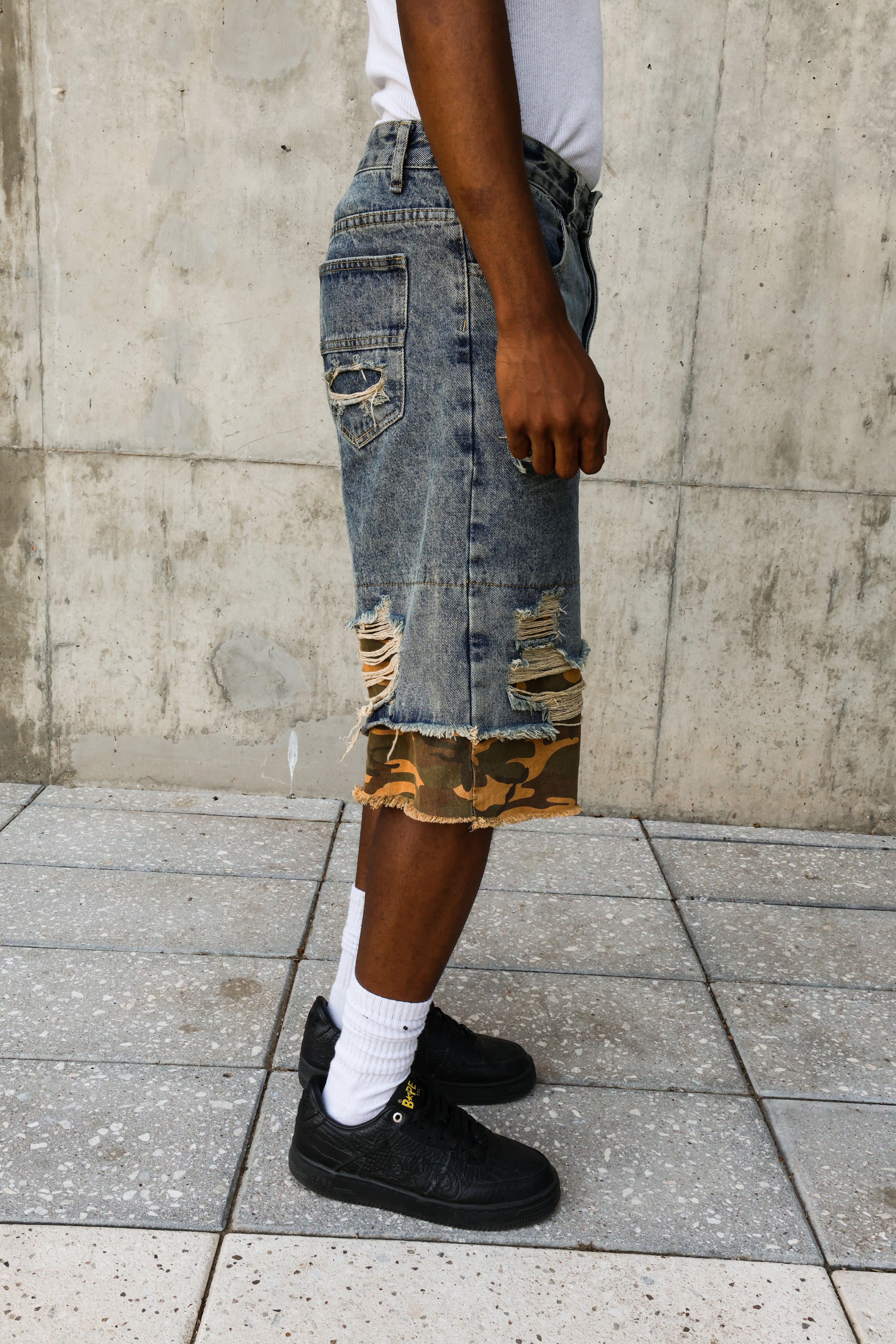 Distressed Camo Denim Jorts