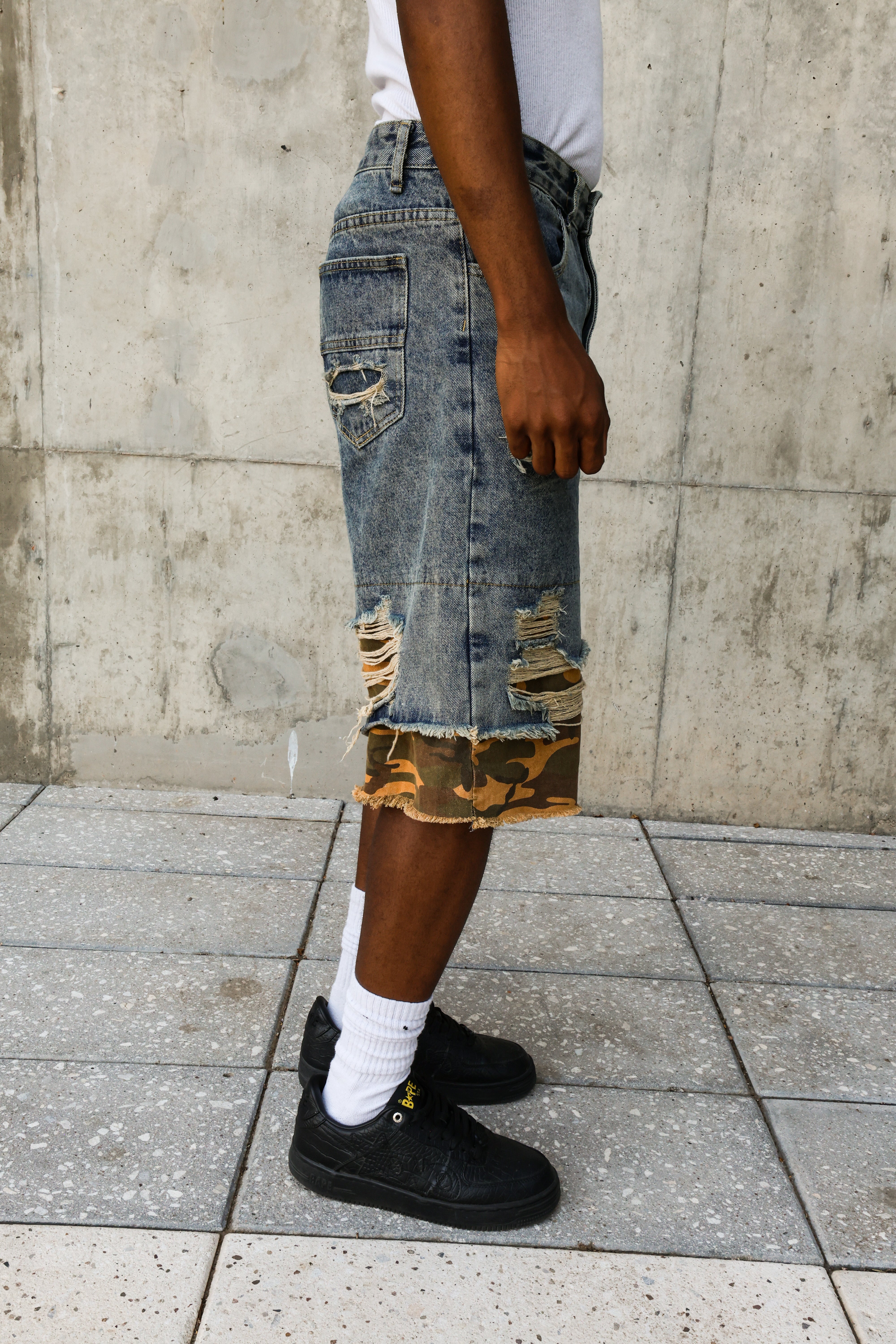 Distressed Camo Denim Jorts