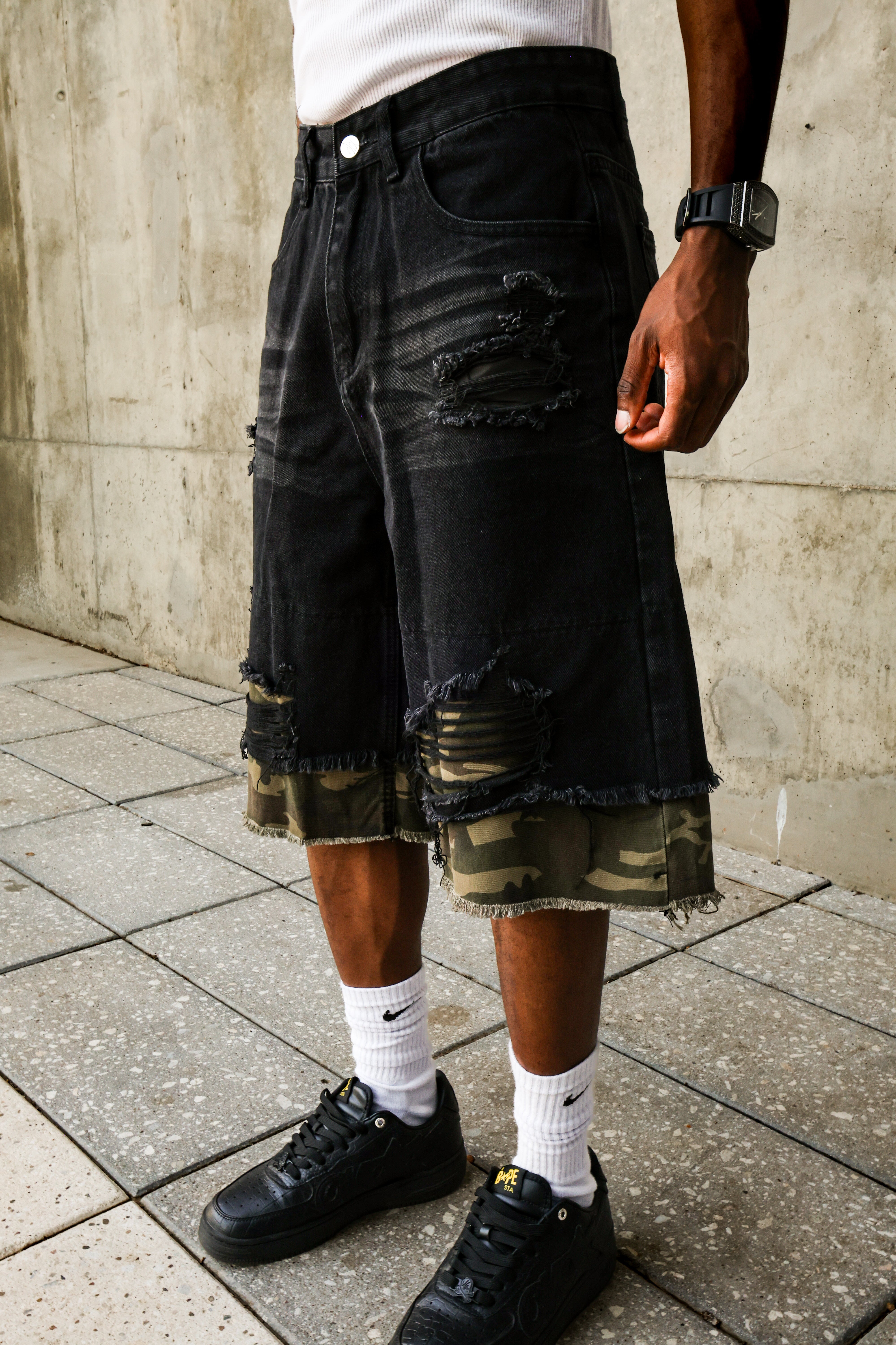 Distressed Camo Denim Jorts
