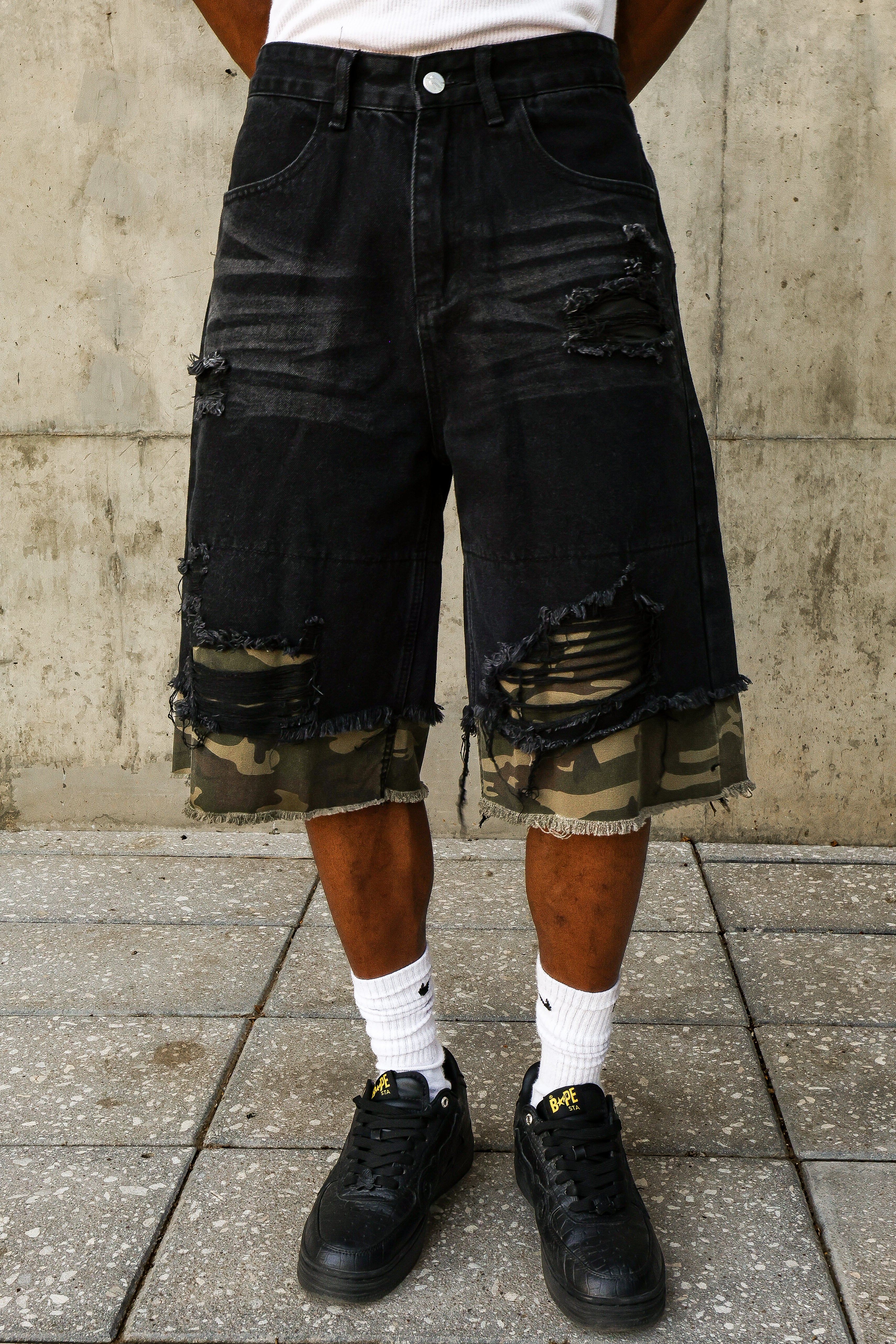 Distressed Camo Denim Jorts