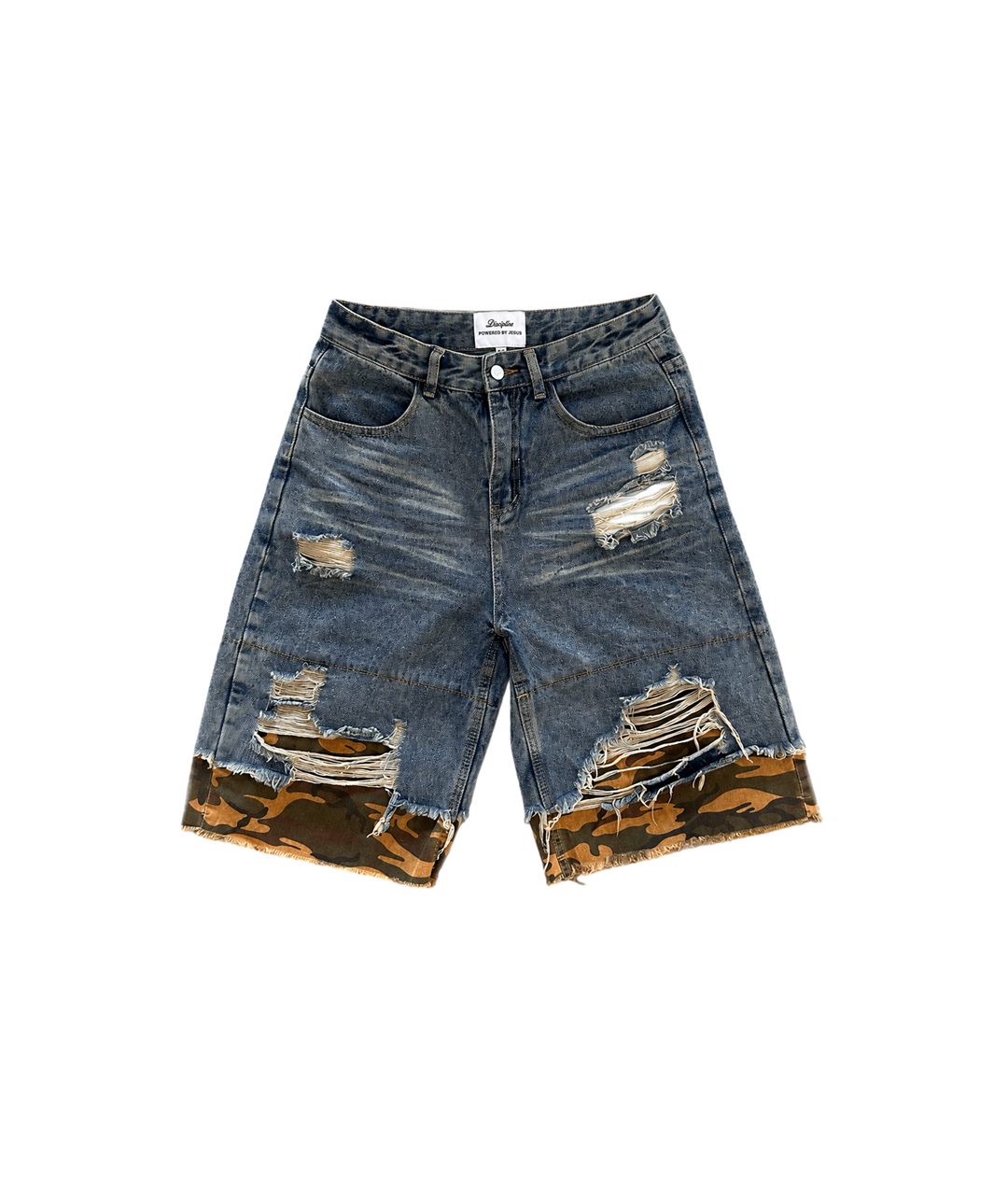 Distressed Camo Denim Jorts