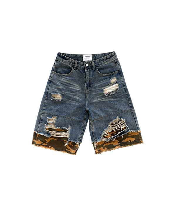 Distressed Camo Denim Jorts